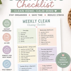 Könnte beinhalten: Ein druckbares PDF mit einer wöchentlichen Reinigungs-Checkliste in Grün und Rosa. Die Checkliste enthält tägliche, wöchentliche und zufällige Reinigungsaufgaben. Der Text lautet "Weekly Cleaning Checklist" und "Clean Home, Calm Mind."