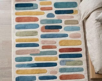Abstract kleurrijk kiezeltapijt - handgetuft tapijt van Nieuw-Zeelandse wol - Modern geometrisch tapijt uit het midden van de eeuw voor woonkamer, kinderkamer -