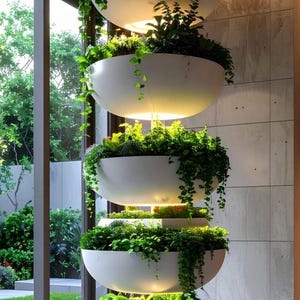 Jardín vertical moderno para el hogar: elegante pared vegetal (4 macetas + luces incluidas)