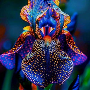 Puede incluir: Primer plano de una vibrante flor de iris. Los pétalos exhiben una rica paleta de colores, incluyendo azules profundos, púrpuras, naranjas y amarillos. Los intrincados patrones y texturas crean una exhibición floral visualmente impresionante.