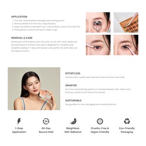 Op de afbeelding: Afbeelding toont het aanbrengen van valse wimpers. Stappen omvatten het krullen van natuurlijke wimpers, het aanbrengen van serum en het bevestigen van wimpers met een pincet. Het product heeft 1-staps applicatie, de hele dag stevig, lichtgewicht, dierproefvrij en milieuvriendelijke verpakking.