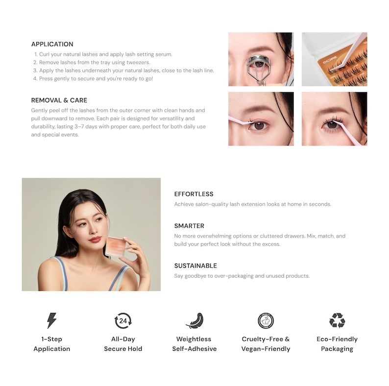 Op de afbeelding: Afbeelding toont het aanbrengen van valse wimpers. Stappen omvatten het krullen van natuurlijke wimpers, het aanbrengen van serum en het bevestigen van wimpers met een pincet. Het product heeft 1-staps applicatie, de hele dag stevig, lichtgewicht, dierproefvrij en milieuvriendelijke verpakking.