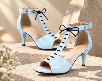 Women's T Strap Heeled Sandals, Peep Toe Ankle Strap High Heel Patent Leather Dress Shoes