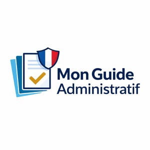 Puede incluir: Un logotipo con un escudo con los colores de la bandera francesa, un documento con una marca de verificación y el texto "Mon Guide Administratif" en azul marino. El fondo es blanco.