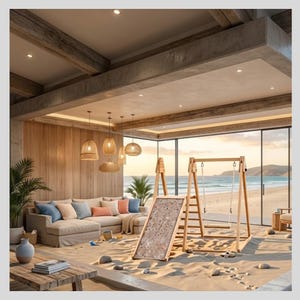 May include: A wooden indoor climbing frame featuring a slide and a swing set, positioned on a sandy floor inside a room with a large glass wall overlooking a beach. The structure includes a climbing ramp with small holes and a wooden swing.