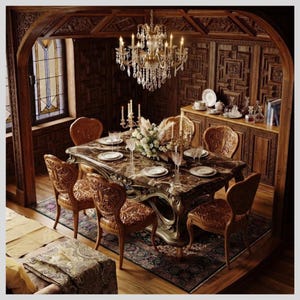 May include: A dining room featuring a dark marble table with ornate carved wooden chairs, a crystal chandelier, and wood-paneled walls. The table is set with white plates, glassware, and a central floral arrangement under a stained glass window.