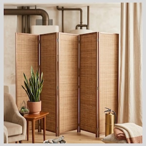 May include: A four-panel room divider with a woven, light brown texture. The frame is a darker brown. A potted snake plant sits on a small wooden table. A gold fire extinguisher and a folded blanket are on the floor.