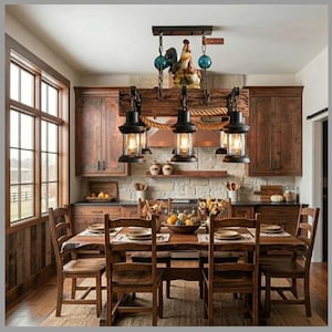 Farmhouse Wood Beam Island Chandelier,Rustic Industrial Linear Pendant Light, 6-Light Hanging Ceiling Fixture, Kitchen Dining Lighting Decor