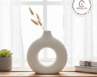 Vaso de cerâmica nórdico com anel vazado, decoração minimalista e moderna para casa.