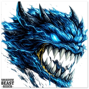 May include: A digital illustration of a blue monster with glowing eyes and sharp teeth. The artwork features a detailed, textured design with a white background. The text "SHADOW BEAST RIDER" is at the bottom.