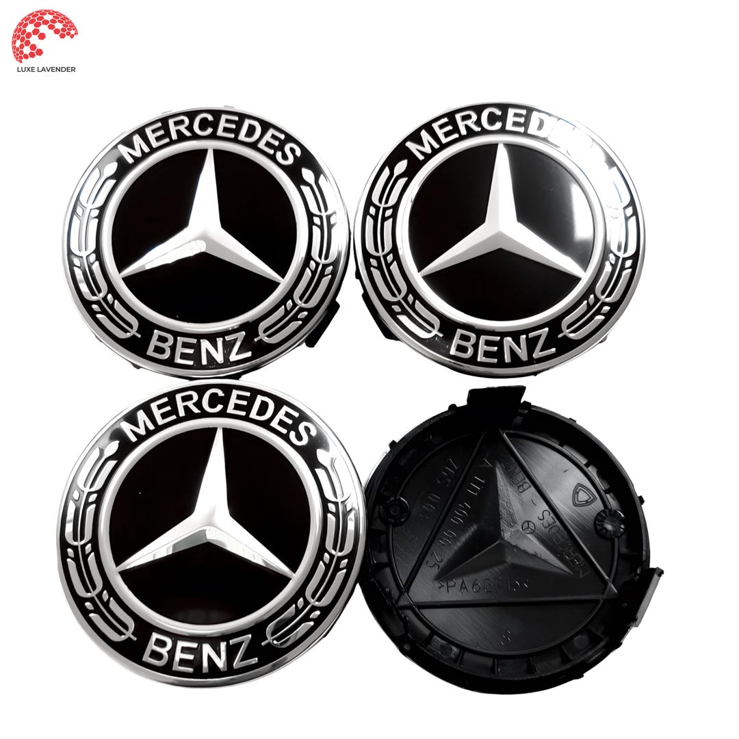 Mercedes Benz Wheel Center Caps | Black Laurel Emblem, 75mm | Set of 4 ...
