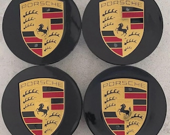 Juego de 4 tapacubos para llantas Porsche en negro y dorado (76 mm)