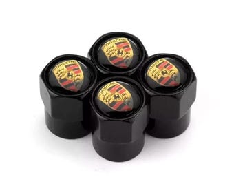 Juego de 5 tapas de válvula de aluminio Porsche negras con escudo de color original