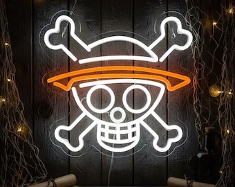 Cappello di paglia Jolly Roger | Insegna al neon a LED One Piece | Arte murale con teschio anime