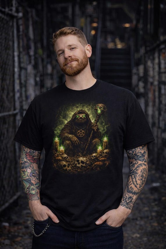 Sloth Shaman Dark Fantasy T-Shirt, Gothic Occult Wizard Tee