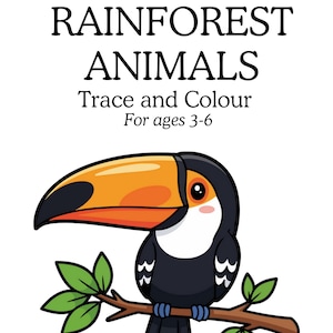 May include: A children's activity book titled "RAINFOREST ANIMALS" with a cartoon toucan illustration. The book is designed for ages 3-6 and includes the text "Trace and Colour". The toucan has a large orange beak, black feathers, and is perched on a branch.