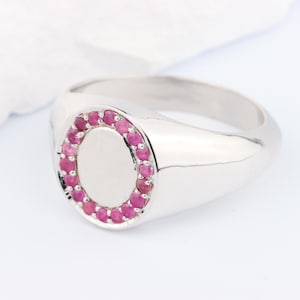 Silver Oval Signet Ring set with Pink Red Ruby Gemstones