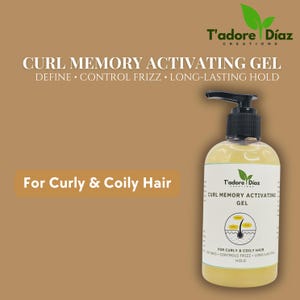 May include: A clear bottle of T'adore Díaz Curl Memory Activating Gel with a black pump dispenser. The label reads "Define, Control Frizz, Long-Lasting Hold" and "For Curly & Coily Hair". The gel is yellow.