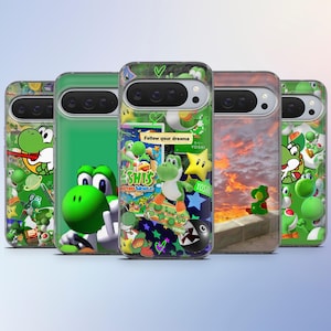 May include: A collection of five phone cases featuring the character Yoshi from the Super Mario video game series. The cases showcase various designs, including Yoshi in different poses, text, and colorful backgrounds. The cases are green, white, and black.