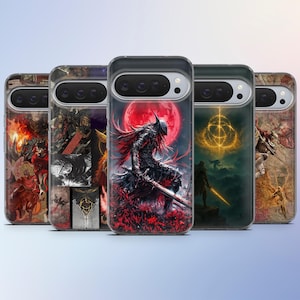 May include: A collection of phone cases with fantasy art designs. The cases feature illustrations of warriors, landscapes, and a red moon. The cases are in a row, showcasing the variety of artwork available.