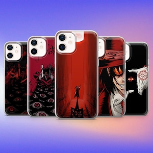 May include: A collection of five phone cases with various anime-style illustrations. The cases feature designs in red, black, and white, showcasing characters and scenes. The cases are made of clear plastic.