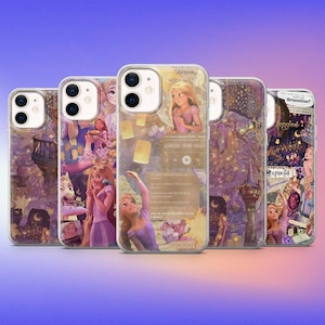 Könnte beinhalten: Fünf transparente Handyhüllen mit Motiven aus dem Zeichentrickfilm Rapunzel. Die Hüllen zeigen Bilder von Rapunzel, Laternen und anderen Elementen des Films. Die Hüllen sind für ein iPhone konzipiert.