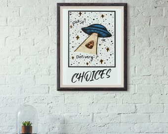 Whimsical UFO/Pizza poster, Unframed with white background, flying saucer, quirky wall art, pepperoni pizza, pizza artwork, spaceship earth