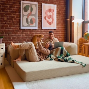 Puede incluir: Un ambiente acogedor de sala de estar con un sofá modular beige, una manta a rayas verdes y blancas y dos impresiones de arte abstracto en una pared de ladrillo. Una persona juega con un gato naranja, mientras que otra usa una computadora portátil.