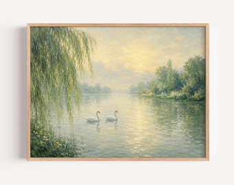 Swan Landscape Wall Art, Romantic Lake River Sunrise Oil Painting Print, Serene Impressionist Willow Tree Poster, Living Room Canvas Decor