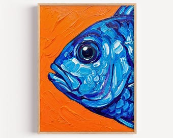 Blue Fish Wall Art, Coastal Decor, Abstract Fish Painting, Bold Orange and Blue Art, Beach House Decor, Nautical Wall Art, Ocean Lover Gift