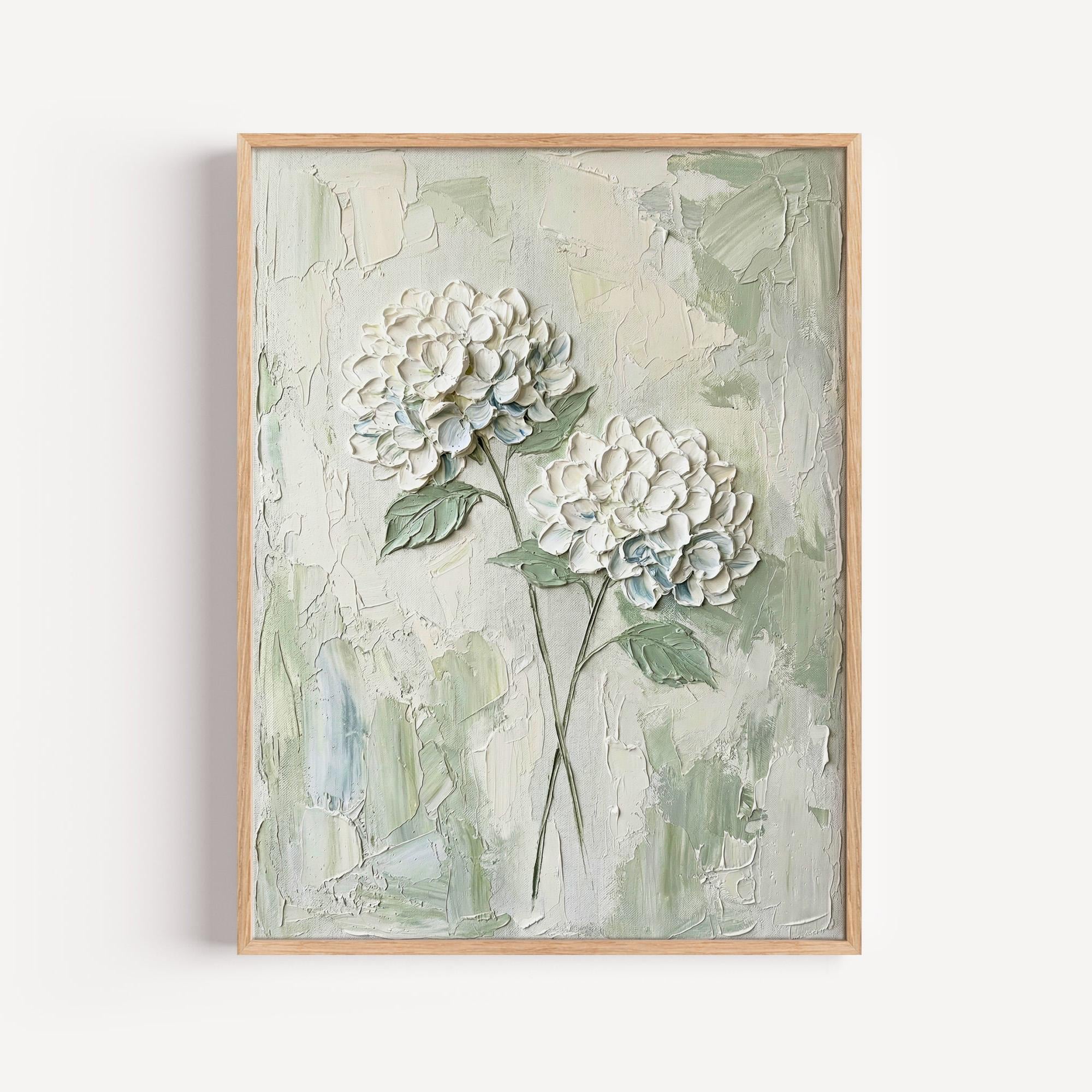 White Hydrangea Floral Wall Art, Serene Botanical Oil Painting ...