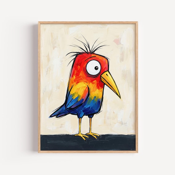 Funny Bird Wall Art, Quirky Animal Print, Colorful Abstract Oil Painting, Whimsical Nursery Decor, Bright Living Room Canvas