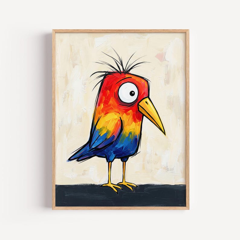 May include: A framed wall art print featuring a stylized bird with a vibrant red, orange, and yellow head, a sharp yellow beak, and deep blue wings. The bird has large, wide eyes and spiky black feathers on top, standing on a dark base.