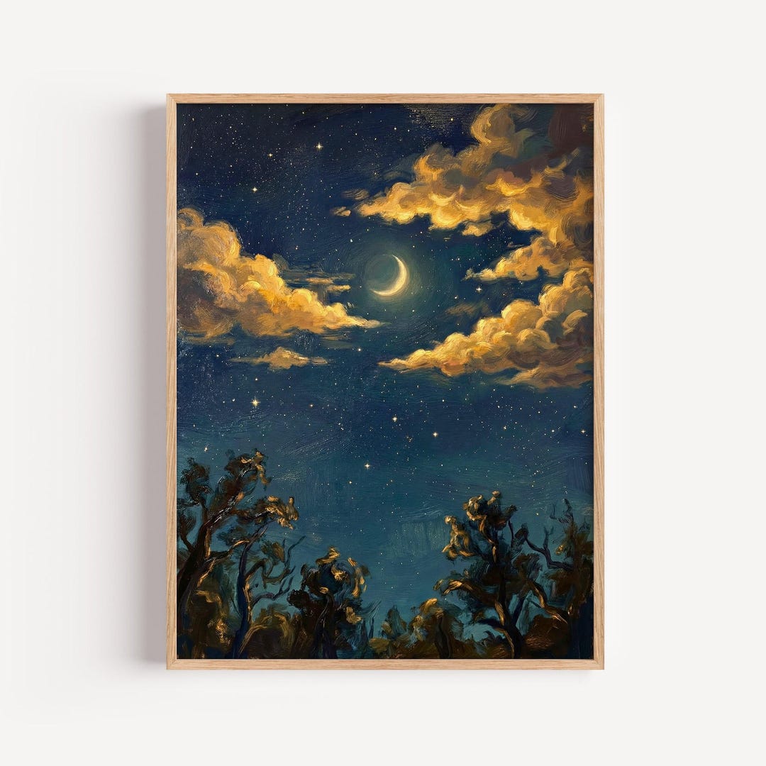 Crescent Moon and Golden Clouds Night Sky Wall Art, Moody Celestial Oil ...