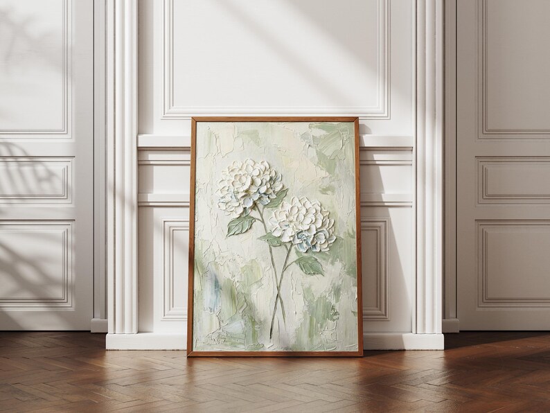 White Hydrangea Floral Wall Art, Serene Botanical Oil Painting ...