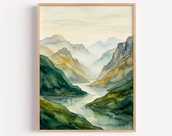 Acuarela de montaña, lámina de fiordo, póster de paisaje de valle fluvial tranquilo, pintura de naturaleza verde para oficina, decoración rústica minimalista