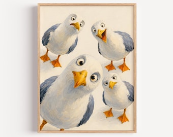 Funny Seagull Wall Art, Quirky Coastal Bird Canvas Print, Whimsical Ocean Animal Painting, Beach House Kids Room Decor, Humorous Gift