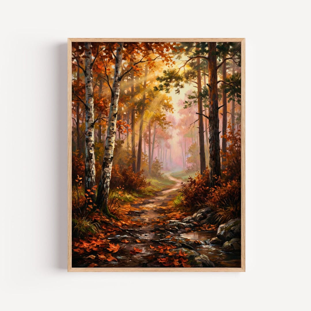 Autumn Forest Path Oil Painting, Moody Birch Tree Wall Art, Rustic Fall ...