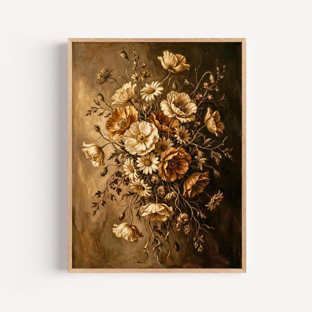 Dark Moody Floral Still Life Oil Painting, Vintage Sepia Bouquet Wall ...