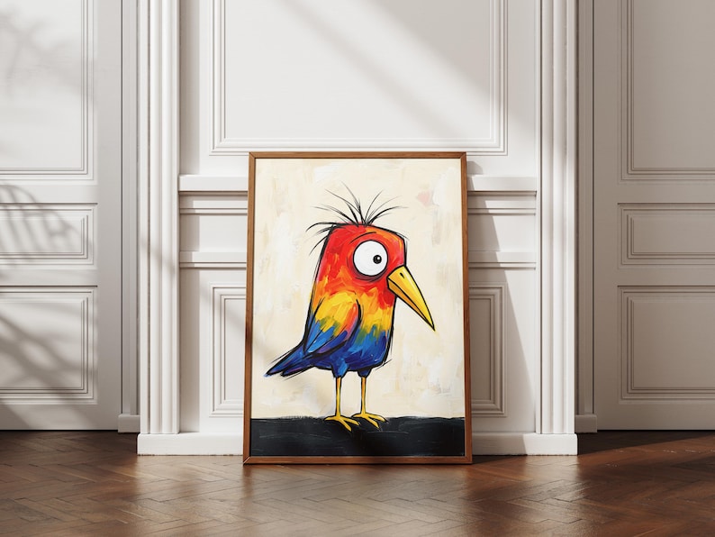 May include: A framed wall art print featuring a stylized bird with a vibrant red, orange, and yellow head, a large white eye, a yellow beak, and blue wings. The bird has spiky black feathers on its head and stands on thin yellow legs.
