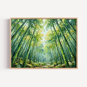 May include: A framed painting of a bamboo forest. The artwork depicts tall, green bamboo stalks reaching towards the sky, with sunlight filtering through the leaves. The painting has a natural wood frame.