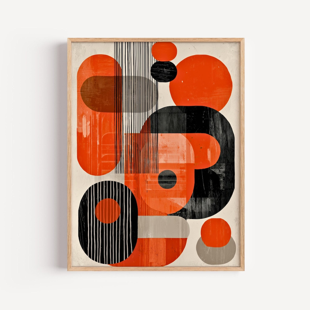 Mid Century Modern Abstract Wall Art, Geometric Red and Black Circles ...