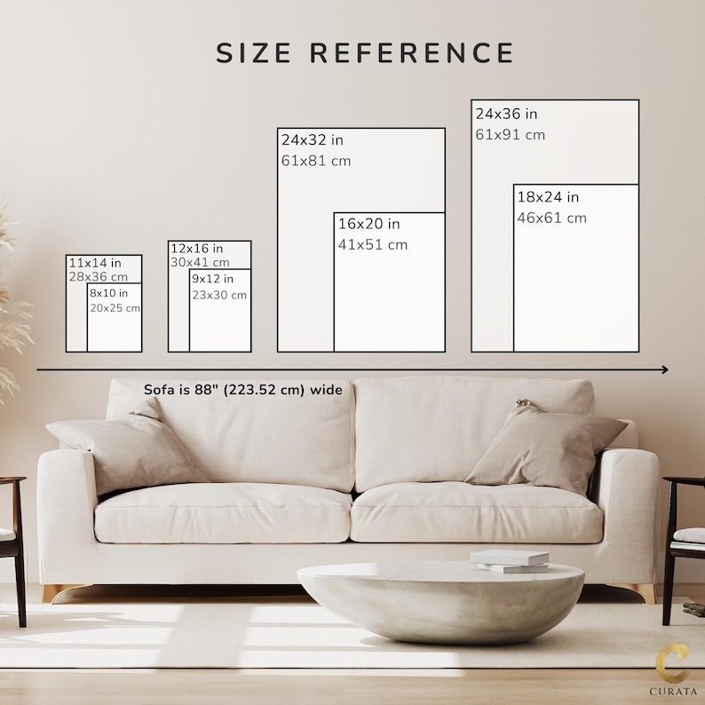 May include: A size reference chart for wall art featuring various rectangular frame dimensions in inches, including 8x10, 11x14, 9x12, 12x16, 16x20, 24x32, 18x24, and 24x36, displayed above an 88-inch wide beige sofa with two matching throw pillows.