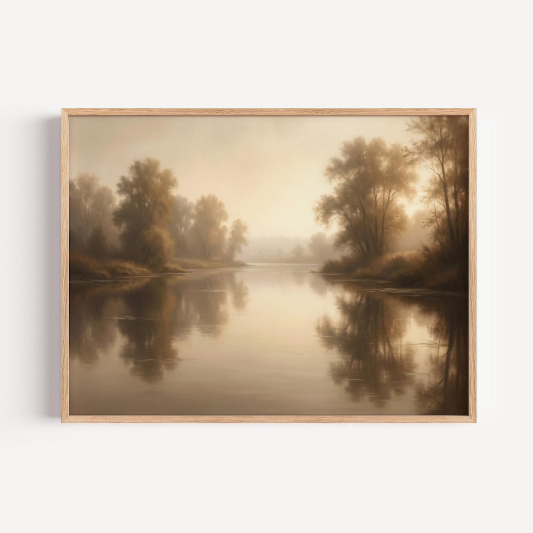 Atmospheric Neutral River Landscape Canvas, Moody Misty Forest Wall Art ...