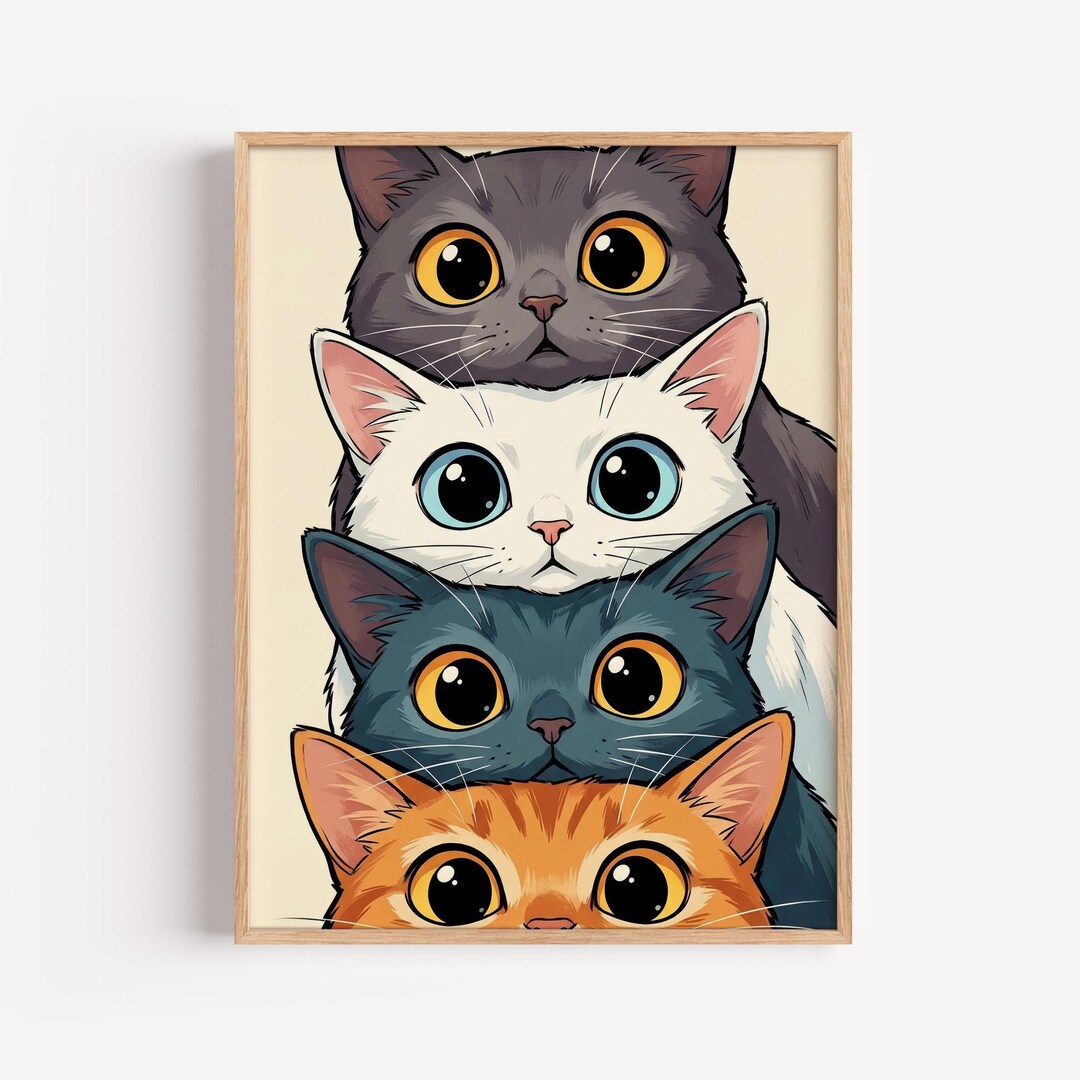 Whimsical Stacked Cats Illustration, Cute Cartoon Feline Family Wall ...