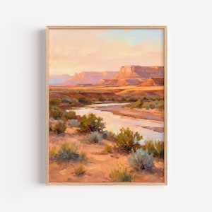 Sydvästlig landskapskonst, oljemålning med ökensolnedgång, tryck av Sagebrush River, västerländsk bondgårdsdekor, rustik väggkonst på slätter, cowboydekor