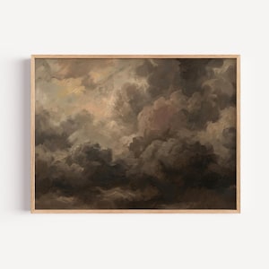 May include: A framed print featuring a dramatic cloudscape painting. The artwork showcases a dark, moody sky with swirling clouds in shades of brown, gray, and hints of peach. The wooden frame adds a classic touch to the artwork.