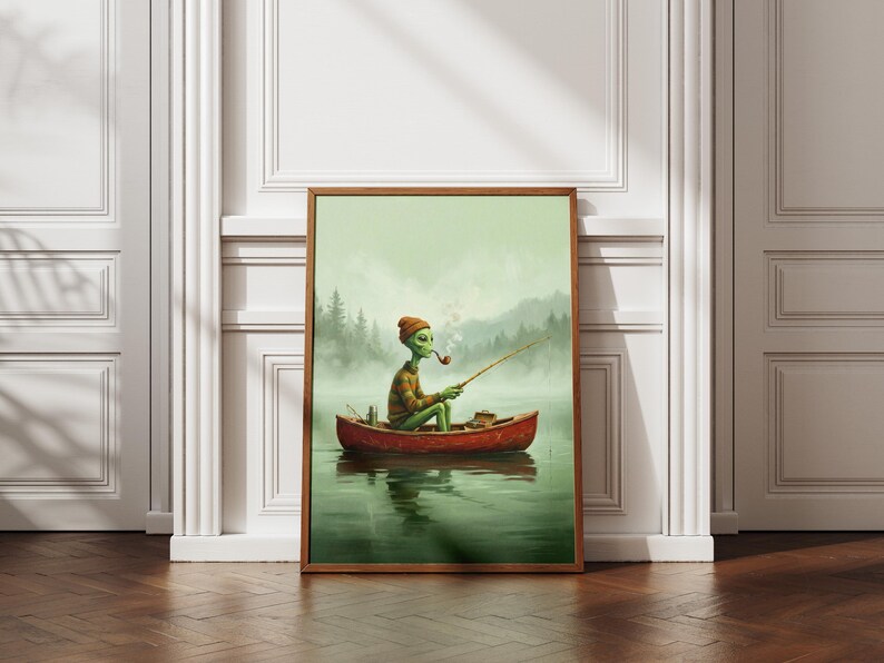 Funny Alien Fishing in Canoe Wall Art, Surreal Extraterrestrial Poster ...