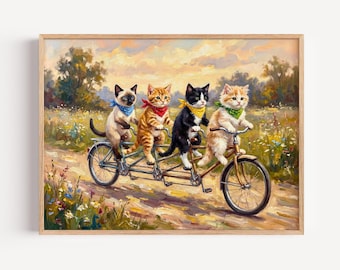 Whimsical Kittens Riding Bicycle Wall Art, Cute Cats Tandem Bike Canvas Print, Playful Animal Painting, Funny Pet Decor for Nursery