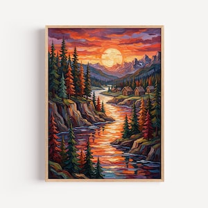 May include: A framed landscape painting depicts a vibrant sunset over a river winding through a mountain valley. The artwork features a warm color palette of oranges, reds, and yellows, with detailed trees and cabins.